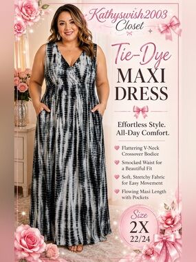 Sleeveless Black & White Tie-Dye V-Neck Maxi Dress by